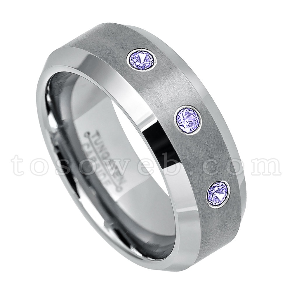 Tansanit Edelstein Ehering Für Männer, Dezember Geburtsstein, 8mm Gebürstet Mittig Abgeschrägte Kante Hartmetall Ring Ts0032 von TOSOWEB