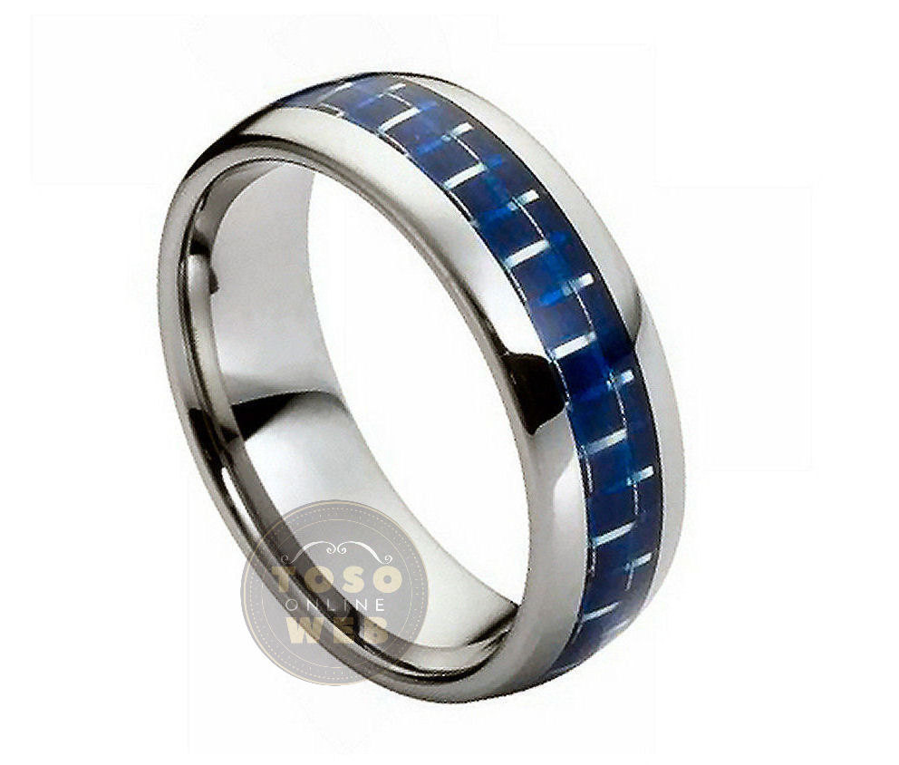 Unisex 8mm Ehering, Semi-Dome Mit Blue & White Carbon Inlay Rohrschnittkante, Comfort Fit Hartmetall-Jubiläumsring Ts2042 von TOSOWEB