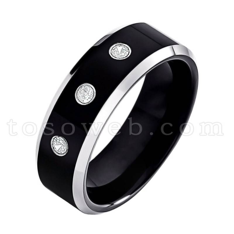Weißer Diamant Ehering Für Männer, April Birthstone Ring, 8mm Schwarz Ip Hochglanzpolierte Abgeschrägte Kante, Wolframkarbidring Ts1192 von TOSOWEB