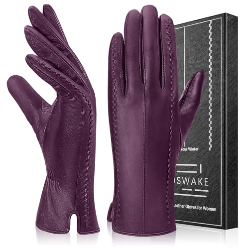 TOSWAKE Lederhandschuhe für Damen, echtes Lammfell, Damenhandschuhe, warme Wolle, gefüttert, Winterhandschuhe, Touchscreen-Texten, Fahren, Violett, Small von TOSWAKE