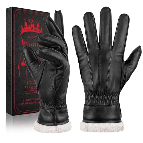 TOSWAKE Winter Herren Schaffell Handschuhe Schwarz Touchscreen Leder Handschuhe Weich Warm, Schwarz, Medium von TOSWAKE