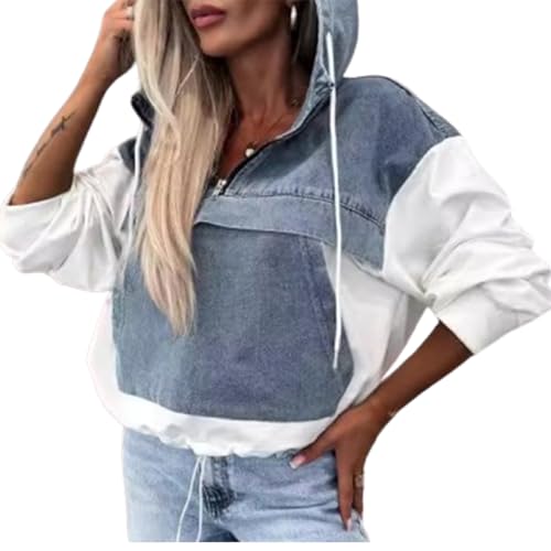 Damen-Jeansjacke mit Kapuze und Patchwork-Muster, Jeansjacke mit Kapuze und Langen Ärmeln, 1/4-Reißverschluss, Pullover-Sweatshirt (Large,White) von TOTDYIKH