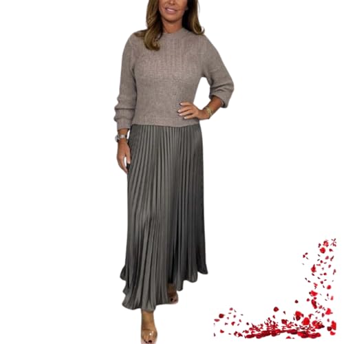 TOTDYIKH Damenpullover mit Langen Ärmeln und Faltenrock, modisches Faltenkleid (3X-Large,Khaki Gray) von TOTDYIKH