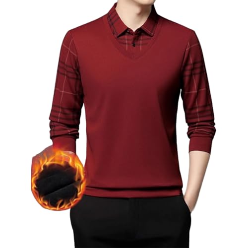Zweiteiliges, langärmliges Oberteil mit falschem Revers für Herren, zweiteiliges, gestricktes Hemd aus Fleece, Warmer Pullover mit 1/4-Knopf-Muster (Large,Burgundy) von TOTDYIKH