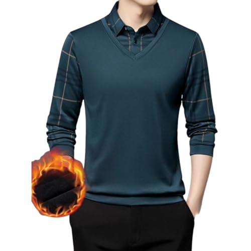 Zweiteiliges, langärmliges Oberteil mit falschem Revers für Herren, zweiteiliges, gestricktes Hemd aus Fleece, Warmer Pullover mit 1/4-Knopf-Muster (Medium,Navy) von TOTDYIKH