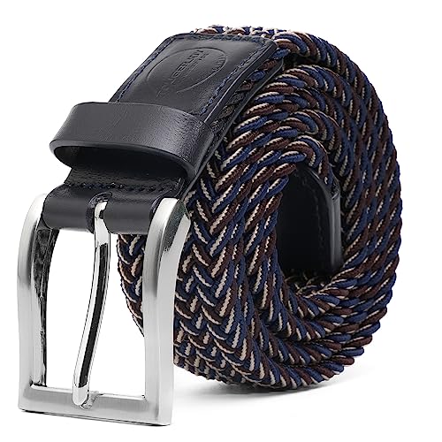 TOUGERJOY Herren Stretch Gürtel, gewebte elastische geflochtene Web Gürtel Casual für Golf Jagd Hosen Jeans, Blau+Kaffee 95 CM Gesamtlänge von TOUGERJOY