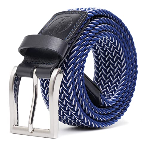 TOUGERJOY Herren Stretch Gürtel, gewebte elastische geflochtene Web Gürtel Casual für Golf Jagd Hosen Jeans,Navy/Weiß 100 CM Gesamtlänge von TOUGERJOY