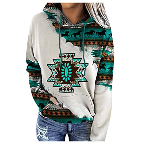 TOUPKO Damen Tops Hoodies Pullover Langarm Ethno Style Bedruckt Kapuzenpullover für Damen Retro Freizeit Bluse, Z01 Grün, L von TOUPKO