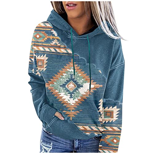 TOUPKO Damen Tops Hoodies Pullover Langarm Ethno Style Bedruckt Kapuzenpullover für Damen Retro Freizeit Bluse, Z02 Blau, L von TOUPKO