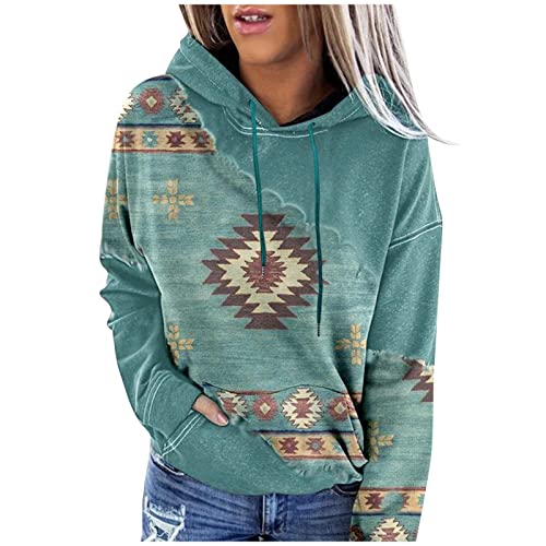 TOUPKO Damen Tops Hoodies Pullover Langarm Ethno Style Bedruckt Kapuzenpullover für Damen Retro Freizeit Bluse, Z02 Grün, XL von TOUPKO