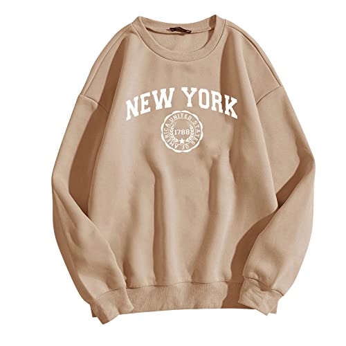 TOUPKO Grafik-Sweatshirts für Damen New York 1788 Briefdruck Rundhalsausschnitt Sweatshirt Herbst Casual Langarm Pullover Tops, Khaki, XS von TOUPKO