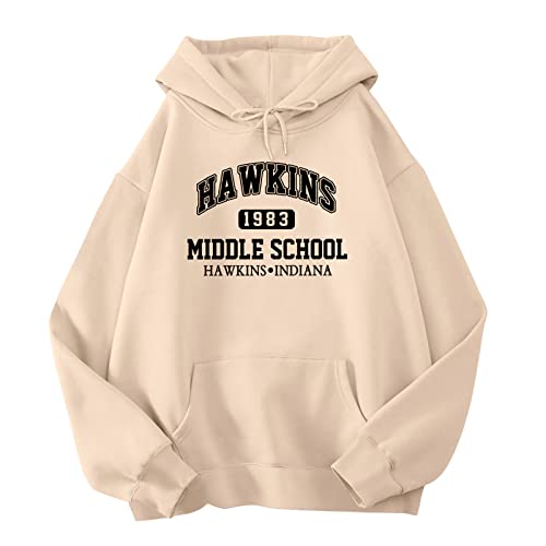 TOUPKO Hawkins Mittelschul-Kapuzenpullover für Damen, langärmelig, grafische Sweatshirts, Teenager, Mädchen, lässig, modisch, Pullover, Beige, XXL von TOUPKO