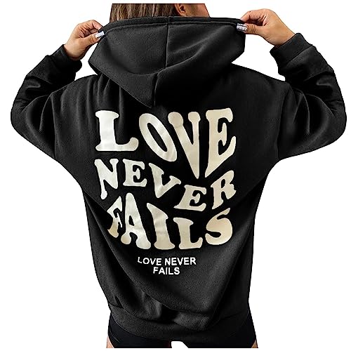 TOUPKO Hoodies für Frauen Love Never Fails Brief Print Grafik Kapuzen-Sweatshirts Casual Fall Lose Langarm Pullover Tops, Schwarz, XL von TOUPKO