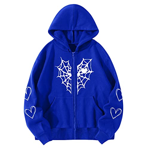 TOUPKO Kapuzenpullover mit Reißverschluss für Damen, Spinnennetz, Herz-Druck, Grafik-Sweatshirts, locker, lässig, langärmelig, Kapuzenjacke mit Tasche, Blau, M von TOUPKO