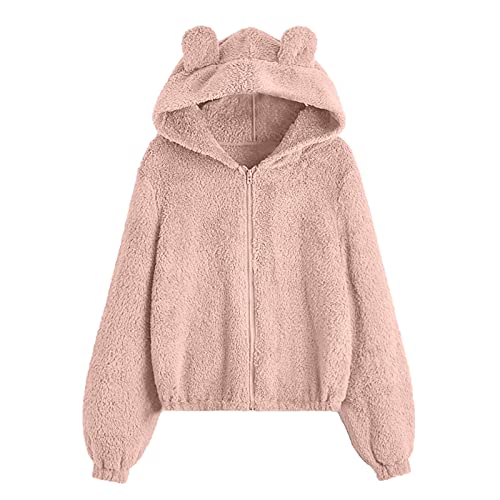 TOUPKO Niedlicher Teddybär-Kapuzenpullover für Damen, mit Reißverschluss, flauschig, Fleece, Kapuzenjacke, Sweatshirts für Teenager, Mädchen, langärmelig, lockere Strickjacke, Rosa, L von TOUPKO