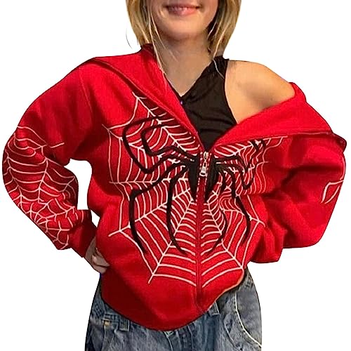 TOUPKO Kapuzenpullover mit Reißverschluss für Damen, Spinnennetz, Herz, Grafik, Sweatshirts, locker, lässig, langärmelig, Kapuzenjacke mit Tasche, Z01 Red, S von TOUPKO