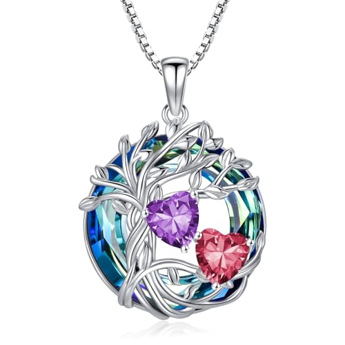 Amethyst & Rubin Halskette aus 925 Sterling Silber - Tree of Life Anhänger mit Februar & Juli Geburtssteinen | Elegantes Weihnachts- oder Geburtstagsgeschenk für Frauen & Schwestern von TOUPOP