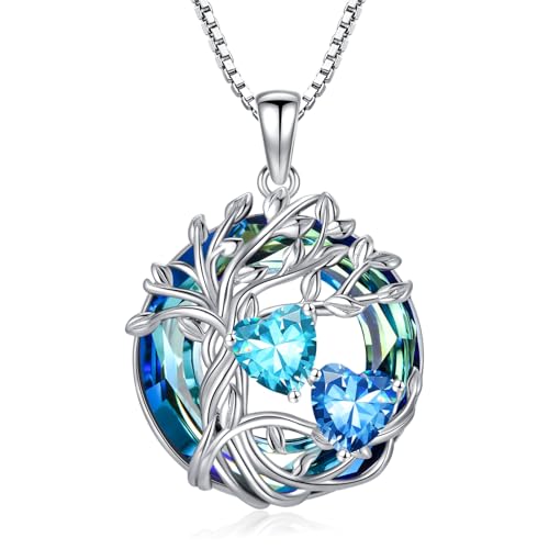 Aquamarin & Blauer Topas Halskette aus 925 Sterling Silber - Tree of Life Anhänger mit März & Dezember Geburtssteinen und Kristall | Elegantes Weihnachts- oder Geburtstagsgeschenk für Frauen von TOUPOP