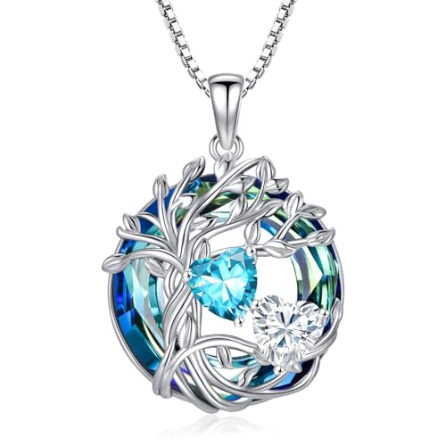 Aquamarin & Diamant Halskette aus 925 Sterling Silber - Tree of Life Anhänger mit März & April Geburtssteinen und Kristall | Elegantes Weihnachts- oder Geburtstagsgeschenk für Frauen & Schwestern von TOUPOP