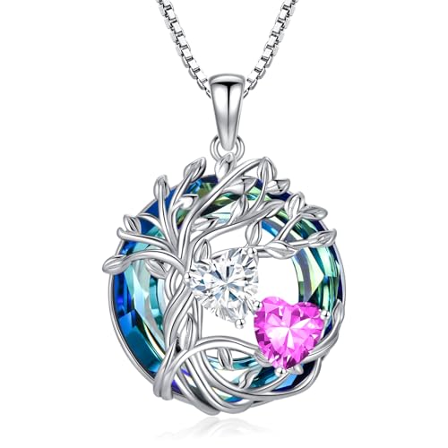 Diamant Rosa Turmalin Halskette aus 925 Sterling Silber Tree of Life Anhänger mit April Oktober Geburtssteinen Elegantes Schmuckstück als Weihnachts oder Geburtstagsgeschenk für Frauen Schwestern von TOUPOP