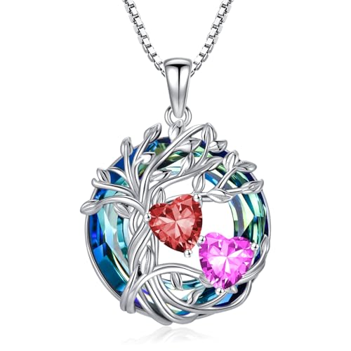 Granat & Rosa Turmalin Halskette aus 925 Sterling Silber - Tree of Life Anhänger mit Januar & Oktober Geburtssteinen und Kristall | Elegantes Weihnachts- oder Geburtstagsgeschenk für Frauen von TOUPOP