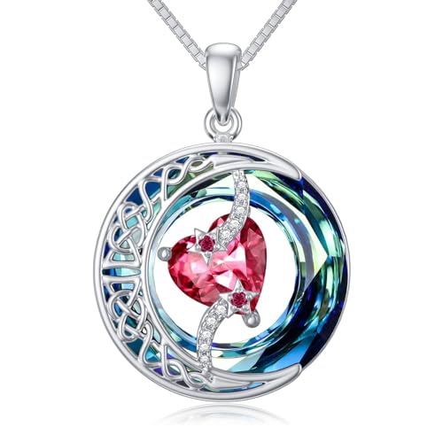 TOUPOP Rubin Kette 925 Stering Silber Mond ond Stern Geburtsstein Juli Kette fur Damen Herz Kristall keltischer Knoten Mond Schmuck Geschenk für Frauen Freundin Tochter Geburstagsgesc von TOUPOP