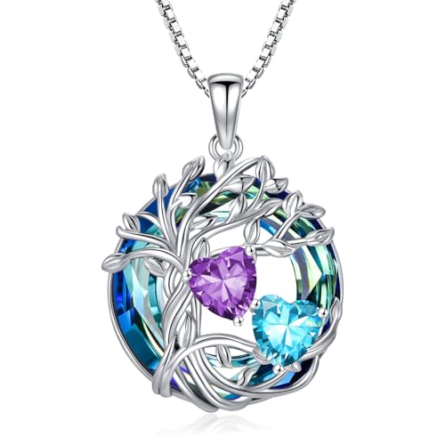 TOUPOP Amethyst & Aquamarin Halskette aus 925 Sterling Silber – Baum des Lebens Anhänger mit Februar- und März-Geburtssteinen von TOUPOP