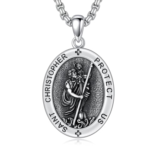 TOUPOP Heiliger Christophorus-Halskette für Männer und Frauen 925er Sterlingsilber St. Christophorus-Anhänger ovale Medaille Parton-Halskette Schutz Amulett Weihnachtsgeschenke für Vater Bruder Freund von TOUPOP