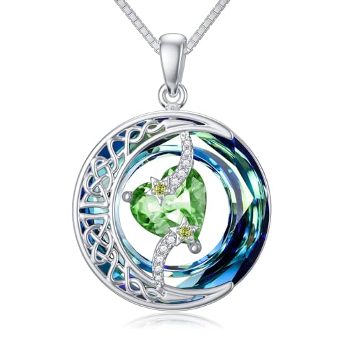 TOUPOP Mond ond Stern Kette Peridot August Geburtsstein 925 Stering Silber Halskette Damen Herz Anhänger Kristall Keltischer Geburtsstein Schmuck Geschenk für Frauen Geburtstag von TOUPOP