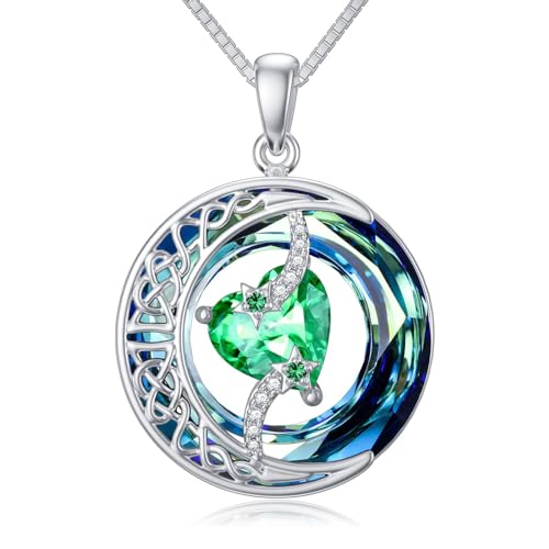 TOUPOP Herz Smaragd Halskette Damen 925 Sterling Silber Mond Stern Mai Geburtssteine Anhänger Blau Kristall Kreis Schmuck Geburtstag Jahrestag Geschenk für Frauen Sie Gattin von TOUPOP