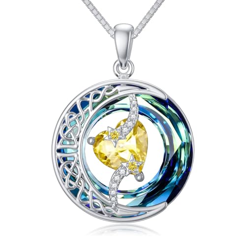 TOUPOP Mond ond Stern Kette November Citrin Geburtsstein Herz Kette fur Damen 925 Stering Silber Kristall keltischer Knoten Mond Kette Schmuck Geschenk für Frauen Freundin Tochter Geburstagsgesc von TOUPOP