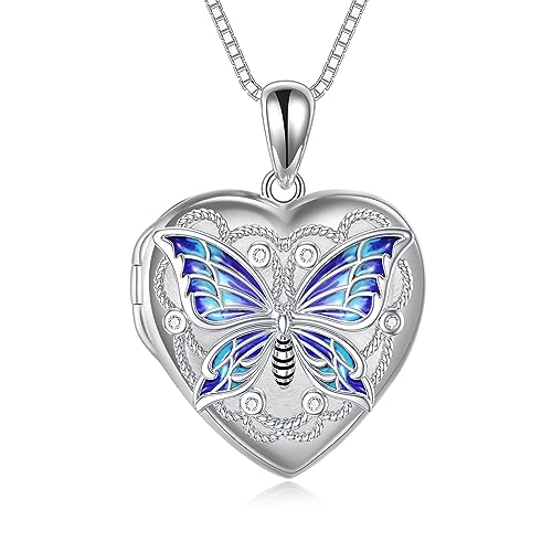 TOUPOP Schmetterling Medaillon Halskette für Frauen Damen Medaillon Kette Anhänger Kleine Sterling Silber 925 Foto Medaillon Herz Medaillon Schmuck, die Bilder Geburtstagsgeschenke für Teen Mädchen von TOUPOP