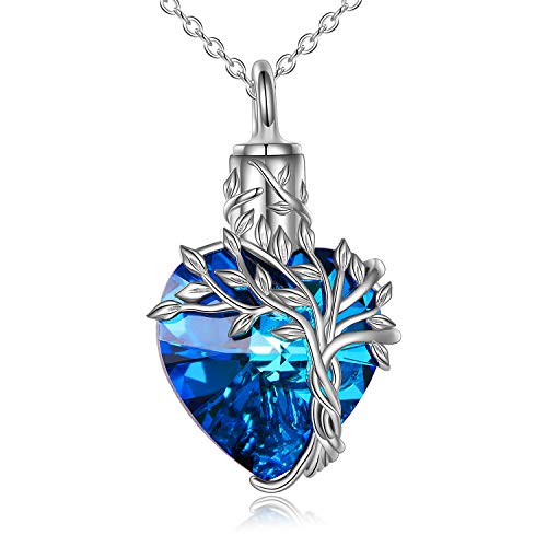 TOUPOP Urnenkette für Damen 925 Sterling Silber Asche Urne Anhänger Ashes Jewellery Baum des Lebens Cremation Halskette mit blauem Herz Kristall Urnenkette für Ashes von TOUPOP