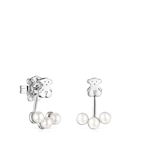 TOUS Ohrringe aus Sterlingsilber für Damen mit drei 4,5 cm Perlen und 0,7 cm Bärenmuster, mit Druckknopfverschluss, fein und elegant, Nocturne Kollektion von TOUS