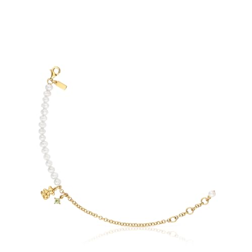 TOUS Caden Damen-Armband mit Bärenmotiv mit 18-karätigem Gold auf Sterlingsilber und Zuchtperlen und Peridot, Kollektion Bold Bear von TOUS
