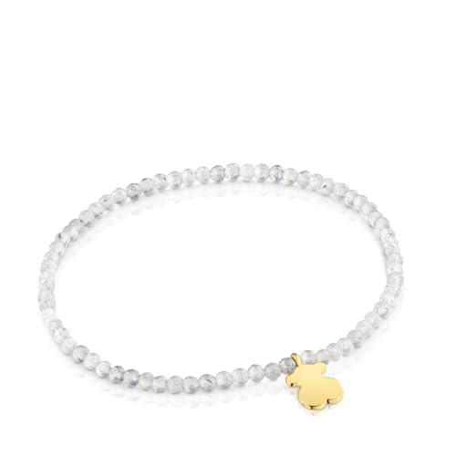TOUS Elastisches Armband mit runden Kugeln aus Labradorit und Bärenmotiv mit 18-karätigem Gold auf Silber, 17 cm lang, Kollektion Motive von TOUS