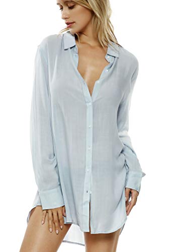 TOUSYEA Schlafhemden für Damen, Button-Down-Shirt, langärmelig, Nachtwäsche, Badeanzug, weiche Pyjama-Tops, Hell, blau, Medium von TOUSYEA