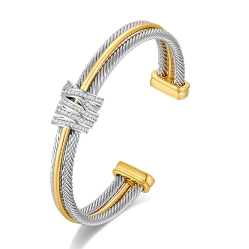 TOVABA Damen Armreif Zweifarbig Silber Gold – Modernes Kabeldesign Mit Zirkonia-Elementen, Hautfreundlich, Kein Verblassen, Eleganter Modeschmuck Für Frauen von TOVABA