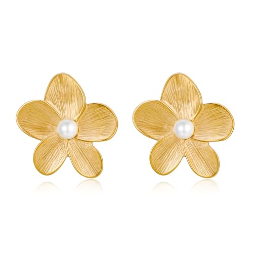 TOVABA Gold Blumen Ohrringe für Frauen, Hypoallergen Ohrringe Edelstahl Wasserdicht Schmuck mit Imitation Perle, Nicht Anlaufen Blumendesign, Elegantes Statement für Tägliche Tragen von TOVABA
