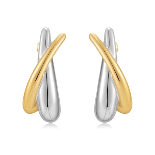 TOVABA Ohrringe Gold Silber Damen Zweifarbig X-Form Ohrstecker Handgefertigt Nickelfrei Hypoallergen Kein Anlaufen Eleganter Schmuck Geschenk von TOVABA