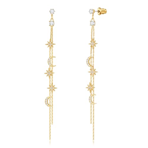 TOVABA Ohrringe Hängend Gold Damen – Elegante Tropfen Ohrringe mit Stern- und Mond-Design, Kristallverzierung, Hypoallergen, Unempfindlich, Geschenk für Besondere Anlässe – Lange Hängeohrringe von TOVABA