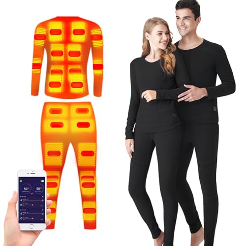 TOVCHEI 24 Zonen Beheizte Unterwäsche Tops Hosen Set APP-Steuerung Winter Outdoor Sport Elektrische Heizung Thermokleidung, Unisex,Schwarz,XL von TOVCHEI