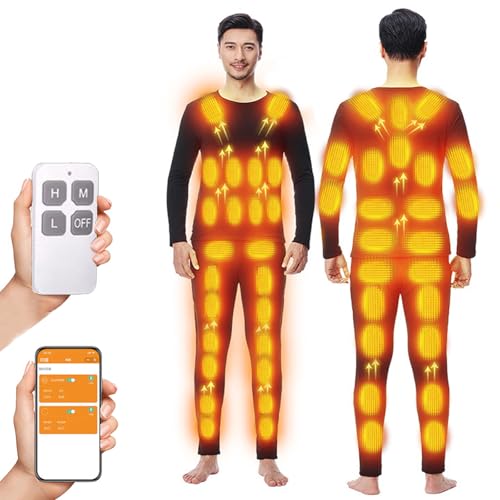 TOVCHEI 48 Zonen Beheizte Thermal Unterwäsche Mit APP Und Fernbedienung, Fleece Gefüttert Base Layer Top & Bottom Set,Schwarz,XL von TOVCHEI