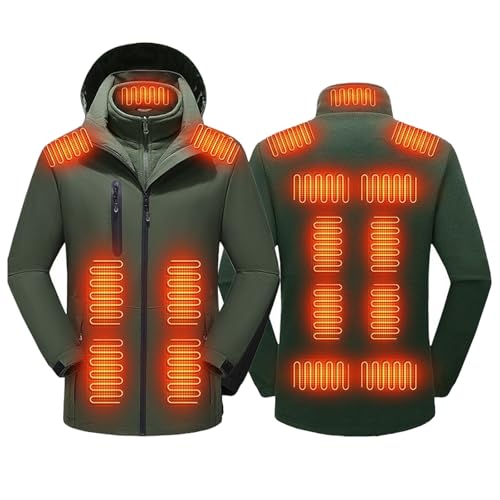 TOVCHEI Beheizte Jacke Für Männer Frauen wasserdichte Softshell-Jacke 3-In-1 Heizjacke Mit Abnehmbarem Fleecemantel Und Kapuze,Grün,M von TOVCHEI