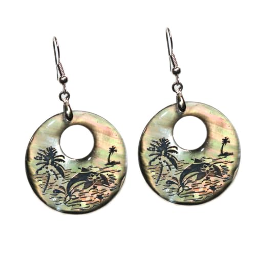 TOVINANNA 1 Paar Runde Abalone Schalenohrstecker mit Eingraviertem Delfin Muster Kreativer Damenschmuck für Langlebig und Geschenkidee für Frauen und Mädchen von TOVINANNA