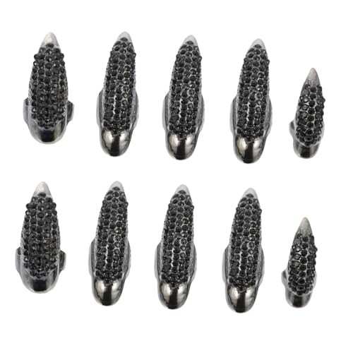 TOVINANNA 10 Stück Teiliges Katzenkrallen fingernägel mit Strasssteinen Langlebige Zinklegierung Halloween Nail Ring Stilvolles Fake Nail Accessoire für Damen Verschiedene Schwarz von TOVINANNA