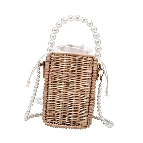TOVINANNA 1Stück Handtasche Geflochtenem Material mit Perlen Quadratische Form Vielseitig Tragbar für Strand und Alltag Khaki von TOVINANNA