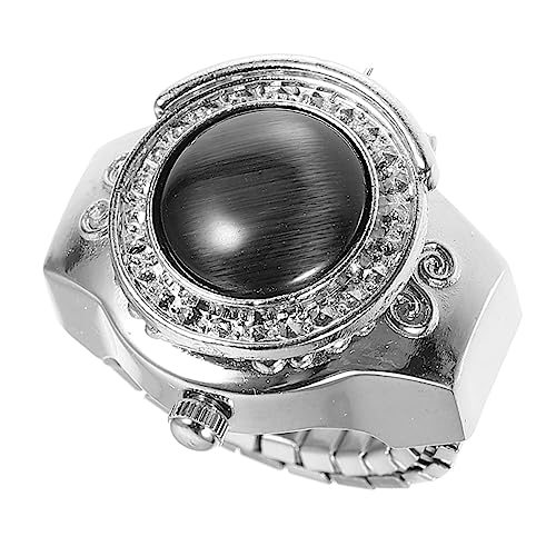 TOVINANNA Quarz Fingeruhr für Damen und Herren Elastische Ringuhr im Vintage Stil Handgefertigte Uhr im Fingerring Design Festivalgeschenk Retro Fingerornament in Schwarz von TOVINANNA