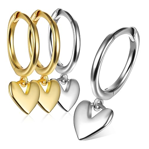 TOVINANNA 2 Paare Herz Dangle Creolen Ohrringe für Damen Gold und Silber Romantische Herzanhänger Stilvolle und Leichte Ohrschmuck für Mädchen und Frauen von TOVINANNA