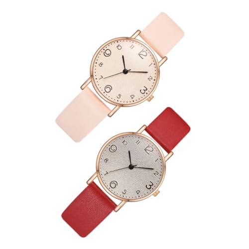 TOVINANNA 2 Stück PU Damen Armbanduhr Quarzuhr für Studenten Casual Uhren Rot und Beige Praktisch für Alltag Schule und Partys von TOVINANNA